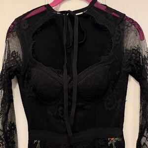 Black Lace Gown with Floral Embroidery, Long Sheer Sleeves, Bustier Bodice.